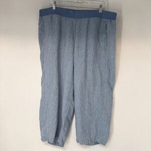 J Jill Love Linen Cropped Pants Women 2X White Blue Striped Elastic Waist 118324